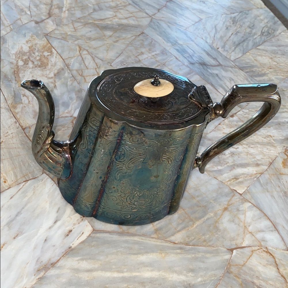 Antique Victorian Silver Plate Repousse Teapot Floral Engraved Blue Patina 6in